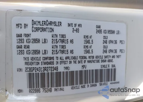 2003 Chrysler Town & Country z USA, uszkodzony, nr VIN 2C8GP24313R272348